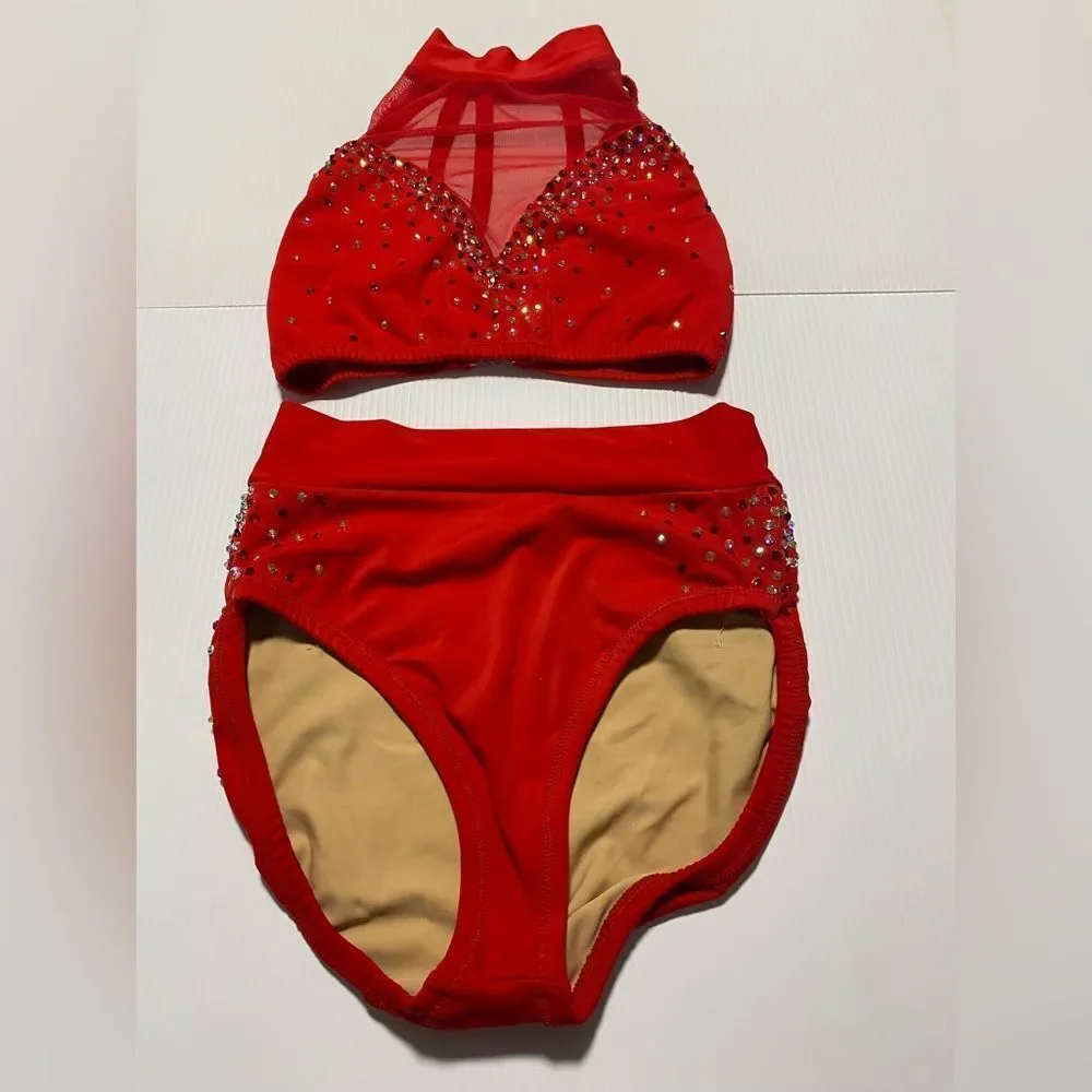 Custom dance solo costume red 2 piece rhinestoned illusion bling XSA adult